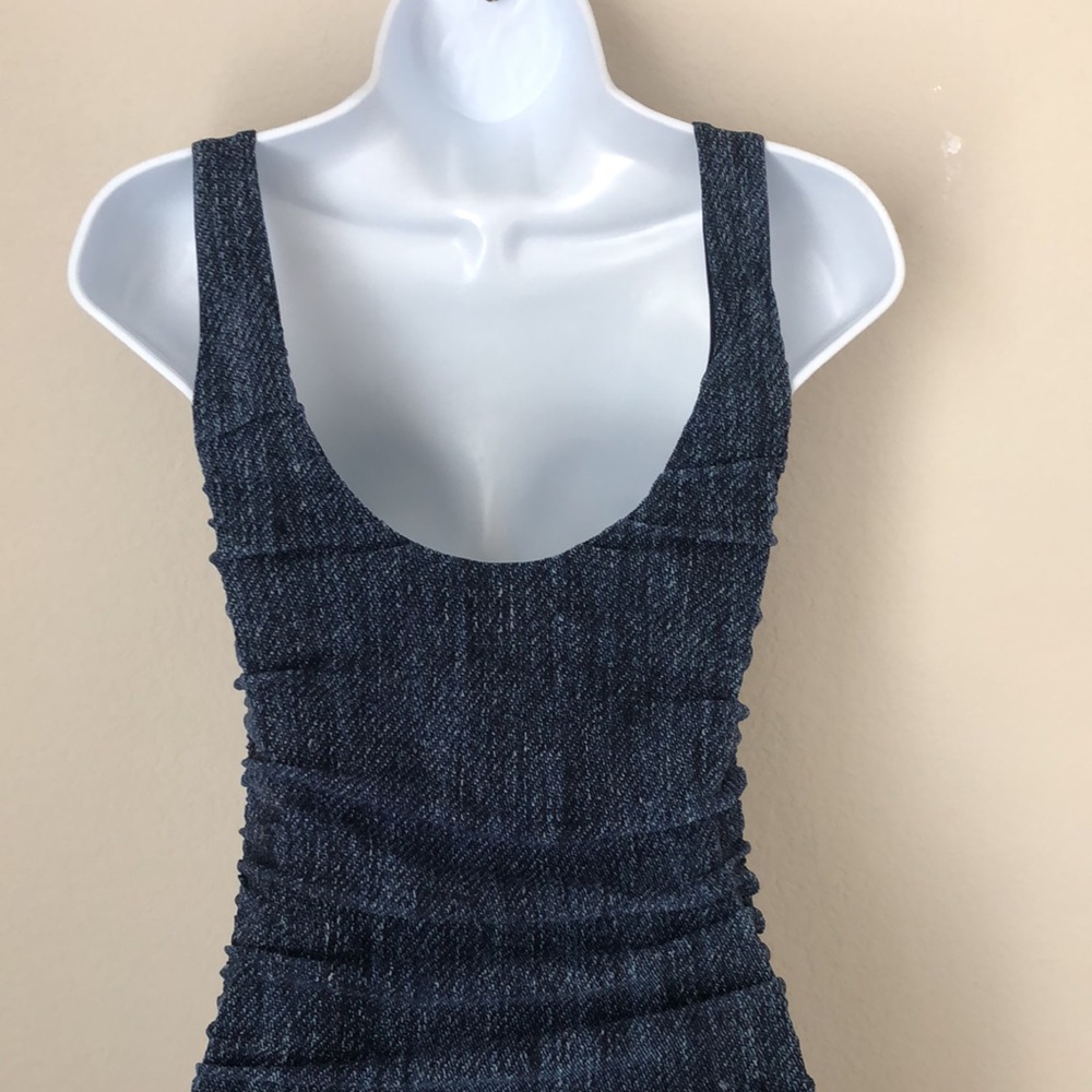 90’s Vintage Fuzzi Denim Printed Mesh Ruched Midi Dress - Picture 3 of 5